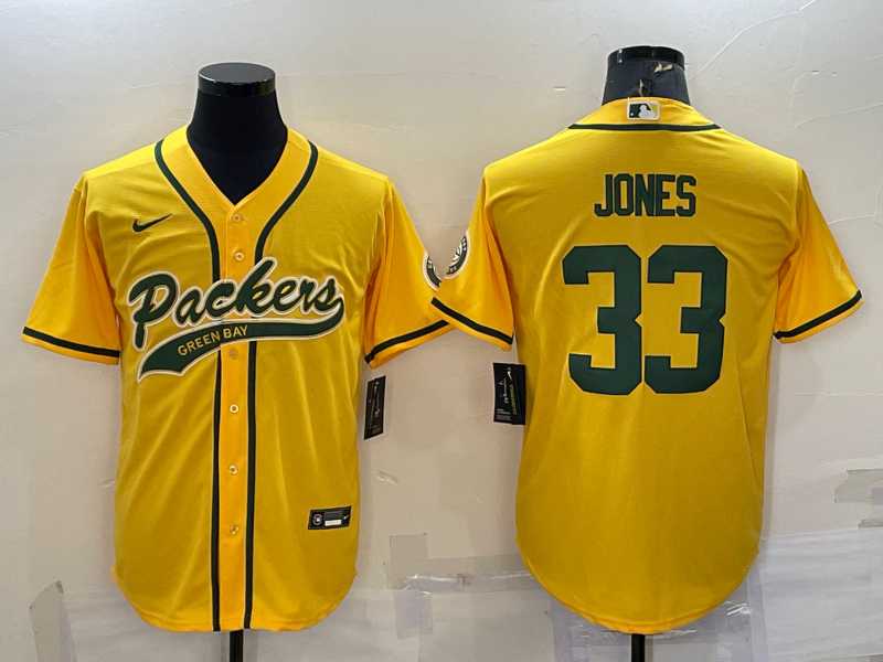 Mens Green Bay Packers #33 Aaron Jones Yellow With Patch Cool Base Stitched Baseball Jersey